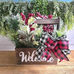 Wooden Welcome Glitter Berry, Flocked Greenery, Pinecone Buffalo Check Box